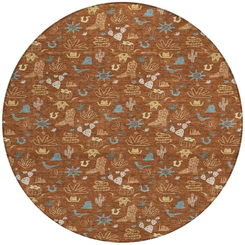 8' Orange And Copper Round Cactus Washable Indoor Outdoor Area Rug Photo 3