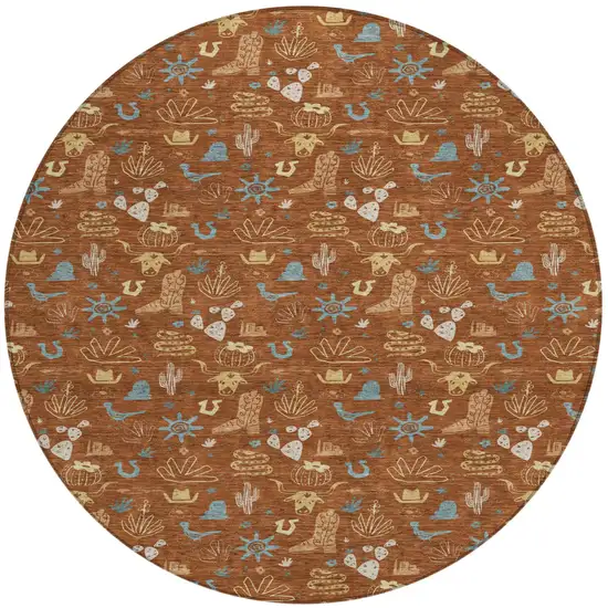 8' Orange And Copper Round Cactus Washable Indoor Outdoor Area Rug Photo 2
