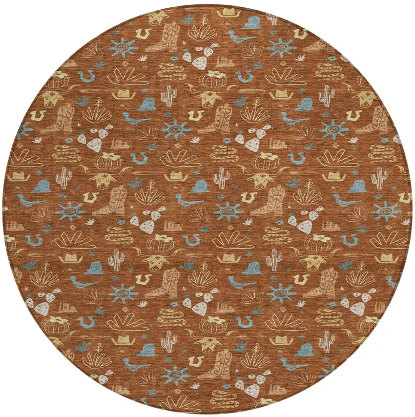 8' Orange And Copper Round Cactus Washable Indoor Outdoor Area Rug Photo 2