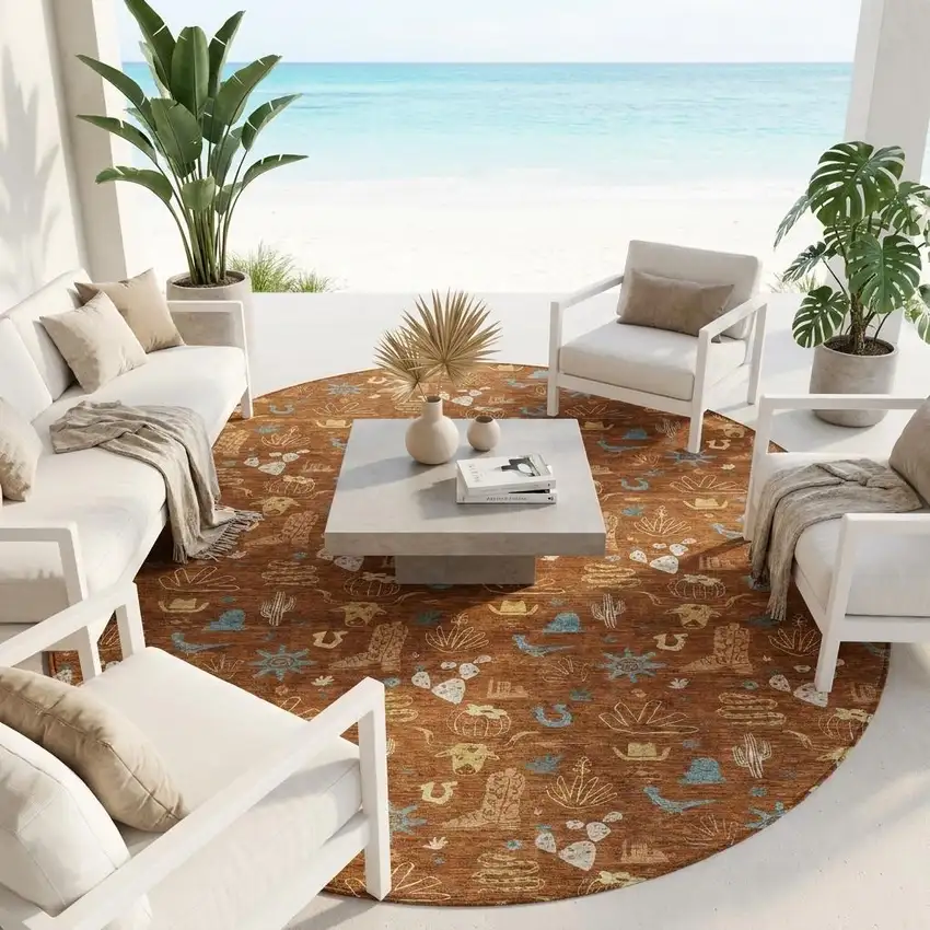8' Orange And Copper Round Cactus Washable Indoor Outdoor Area Rug Photo 1