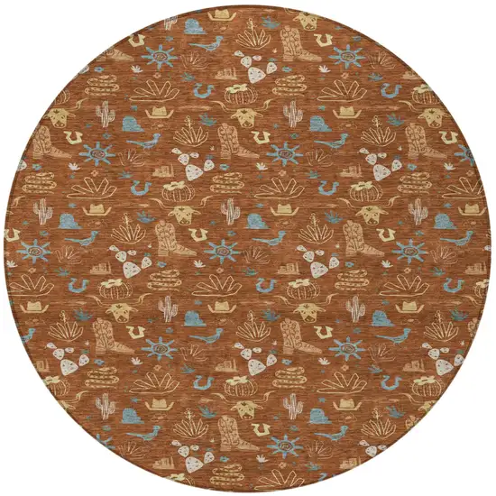 8' Orange And Copper Round Cactus Washable Indoor Outdoor Area Rug Photo 4