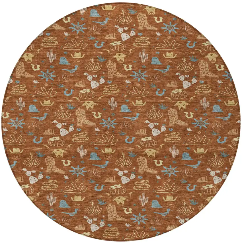 8' Orange And Copper Round Cactus Washable Indoor Outdoor Area Rug Photo 4
