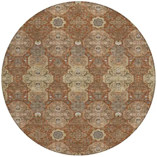 8' Orange And Copper Round Floral Washable Indoor Outdoor Area Rug Photo 4