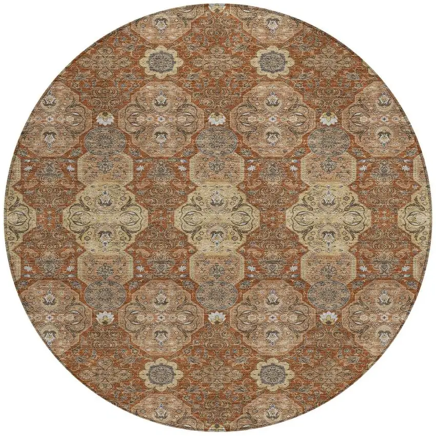 8' Orange And Copper Round Floral Washable Indoor Outdoor Area Rug Photo 4