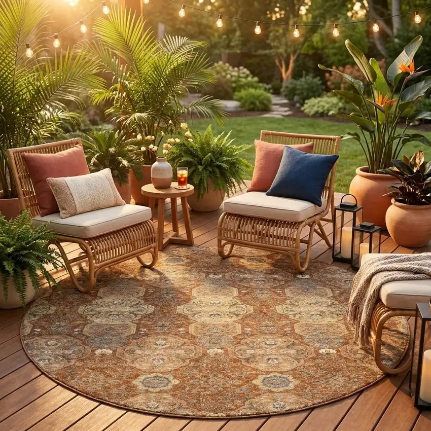 8' Orange And Copper Round Floral Washable Indoor Outdoor Area Rug Photo 1