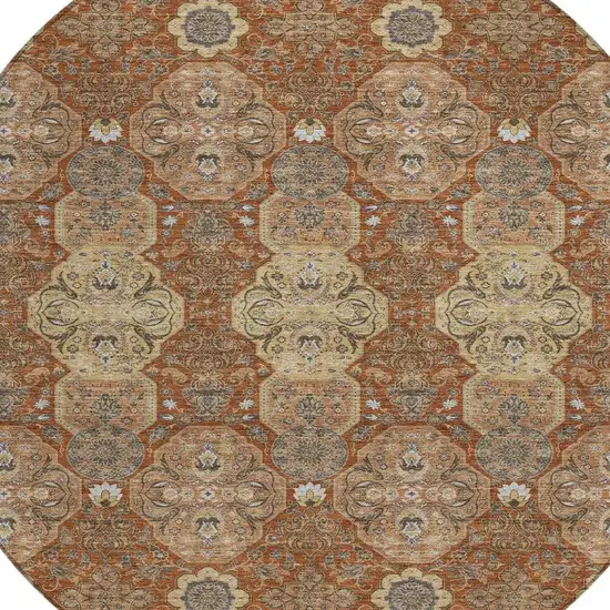 8' Orange And Copper Round Floral Washable Indoor Outdoor Area Rug Photo 3