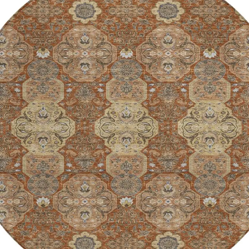 8' Orange And Copper Round Floral Washable Indoor Outdoor Area Rug Photo 3