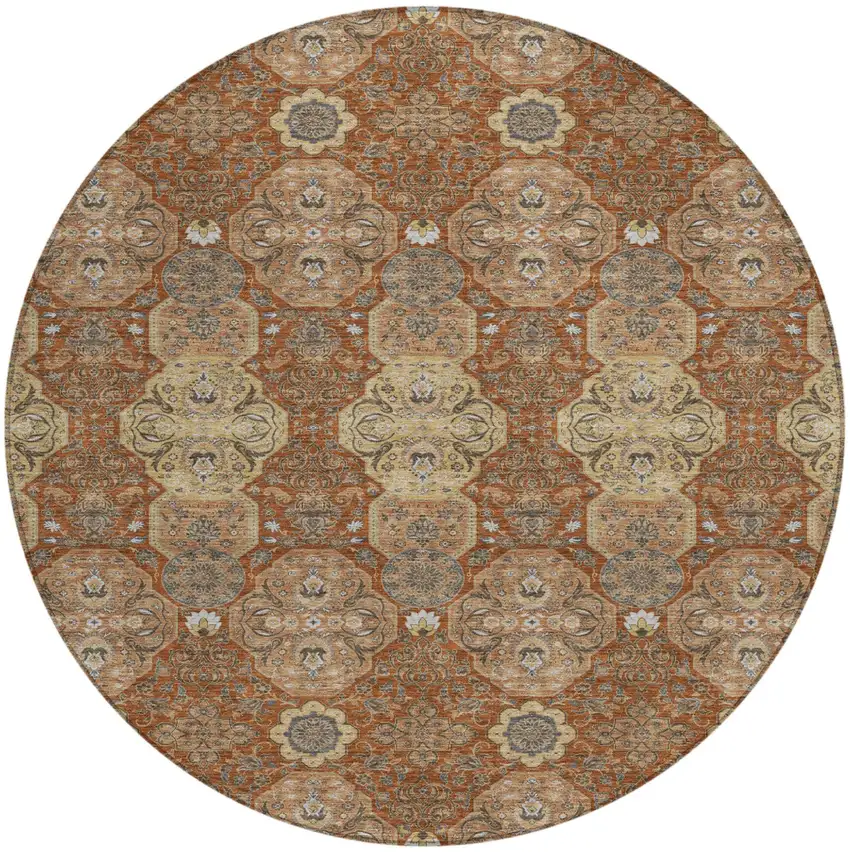 8' Orange And Copper Round Floral Washable Indoor Outdoor Area Rug Photo 2
