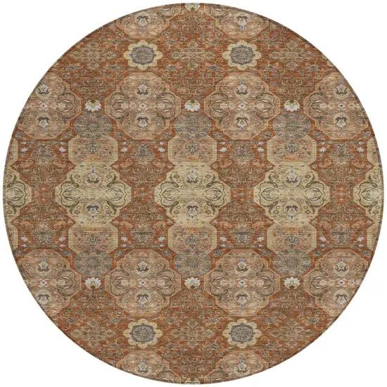 8' Orange And Copper Round Floral Washable Indoor Outdoor Area Rug Photo 2