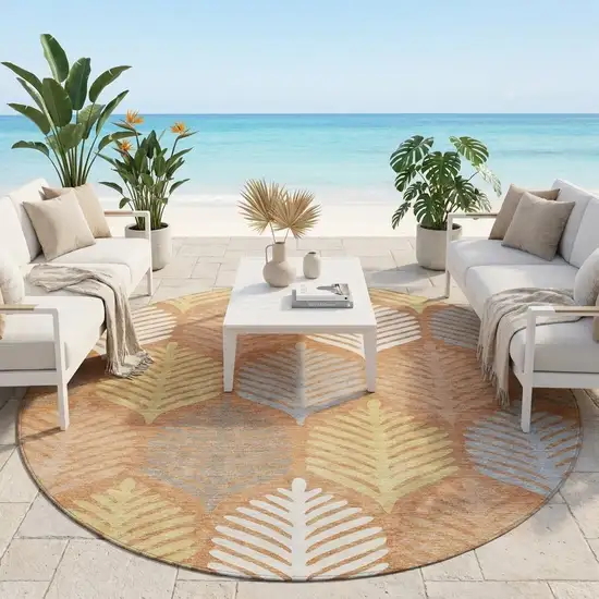 8' Orange And Copper Round Floral Washable Indoor Outdoor Area Rug Photo 1