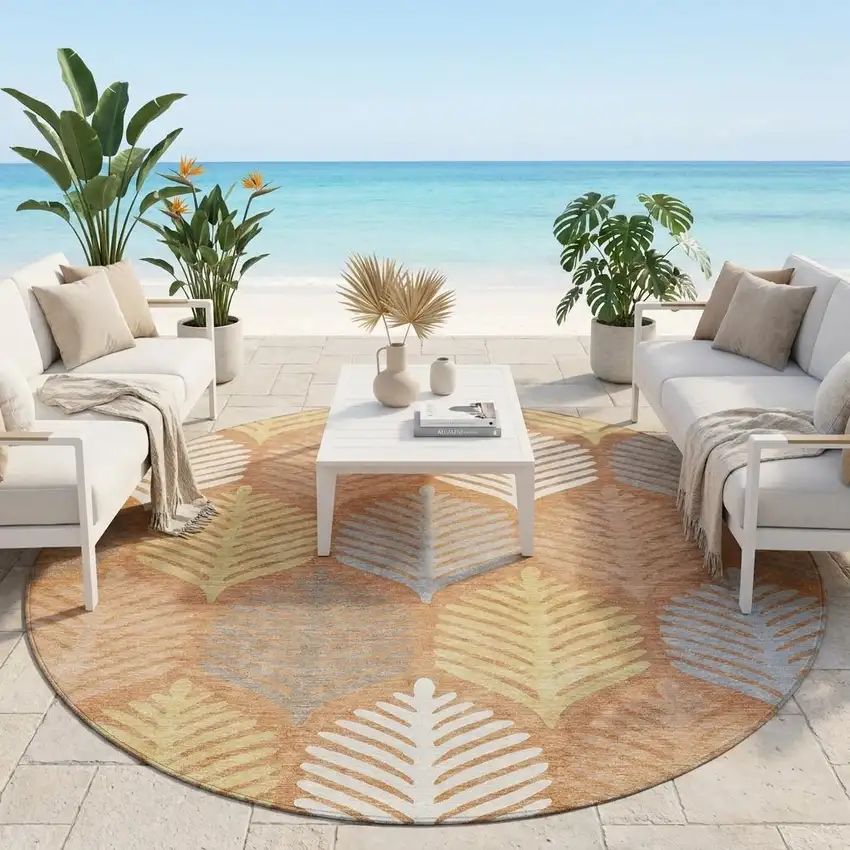 8' Orange And Copper Round Floral Washable Indoor Outdoor Area Rug Photo 1