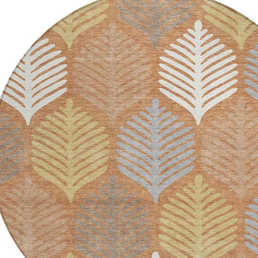 8' Orange And Copper Round Floral Washable Indoor Outdoor Area Rug Photo 5