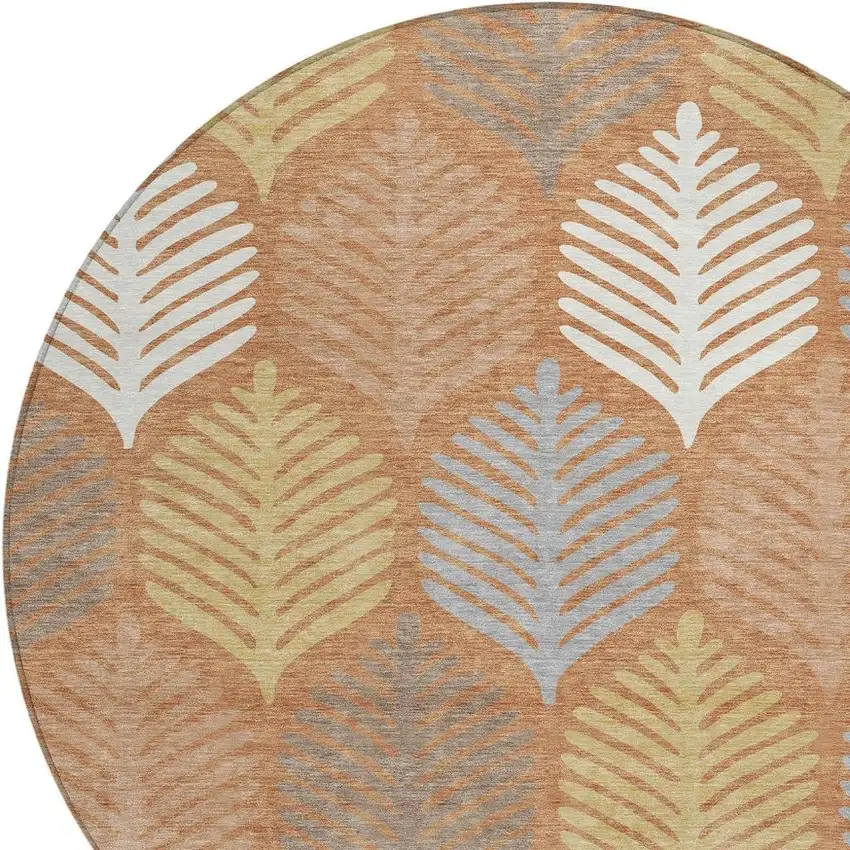 8' Orange And Copper Round Floral Washable Indoor Outdoor Area Rug Photo 4