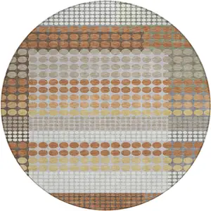 Photo of 8' Orange And Copper Round Geometric Washable Indoor Outdoor Area Rug