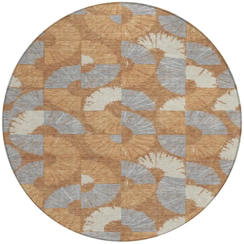 8' Orange And Copper Round Geometric Washable Indoor Outdoor Area Rug Photo 3