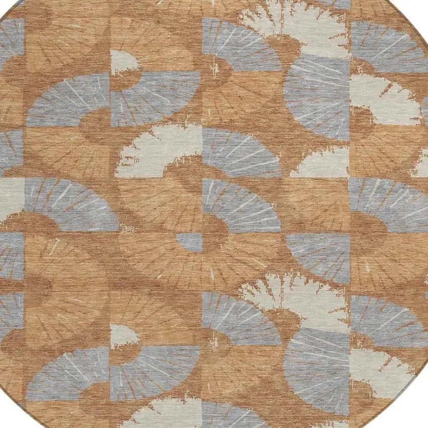 8' Orange And Copper Round Geometric Washable Indoor Outdoor Area Rug Photo 2