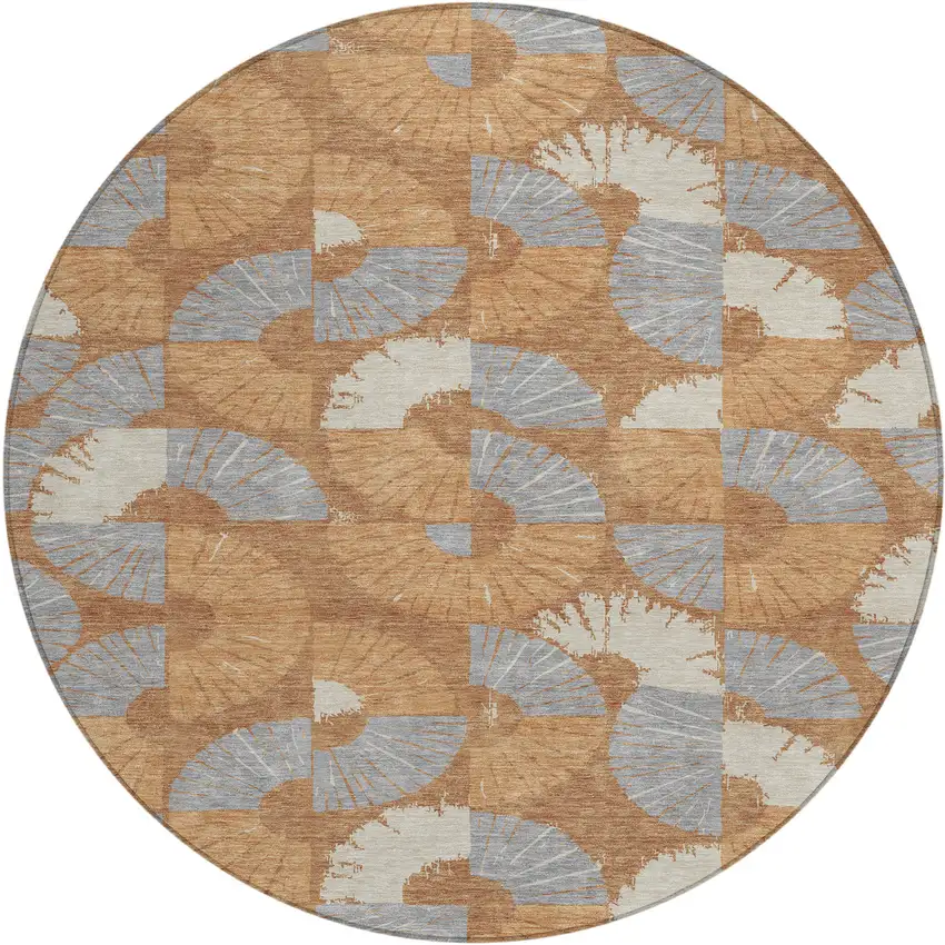 8' Orange And Copper Round Geometric Washable Indoor Outdoor Area Rug Photo 1