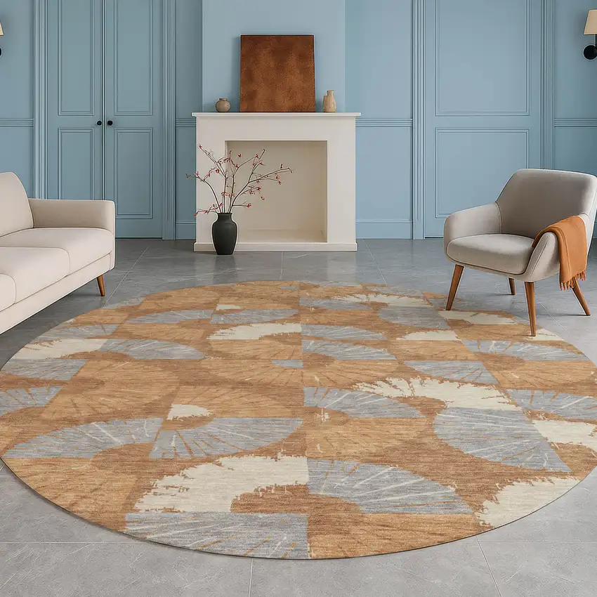 8' Orange And Copper Round Geometric Washable Indoor Outdoor Area Rug Photo 5