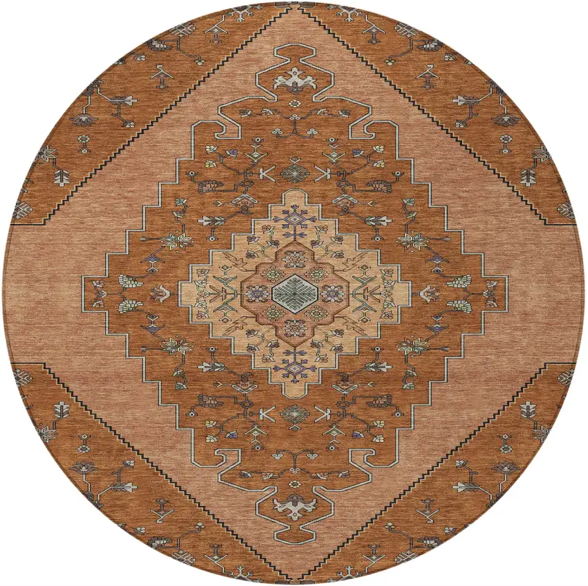 8' Orange And Copper Round Geometric Washable Indoor Outdoor Area Rug Photo 3