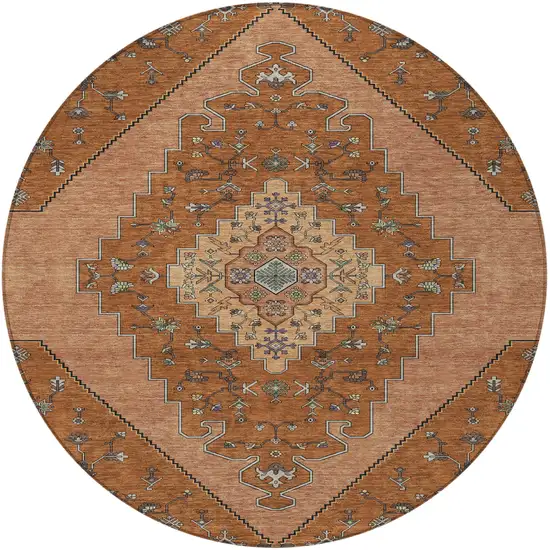 8' Orange And Copper Round Geometric Washable Indoor Outdoor Area Rug Photo 3