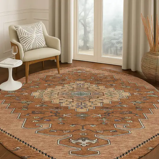 8' Orange And Copper Round Geometric Washable Indoor Outdoor Area Rug Photo 5