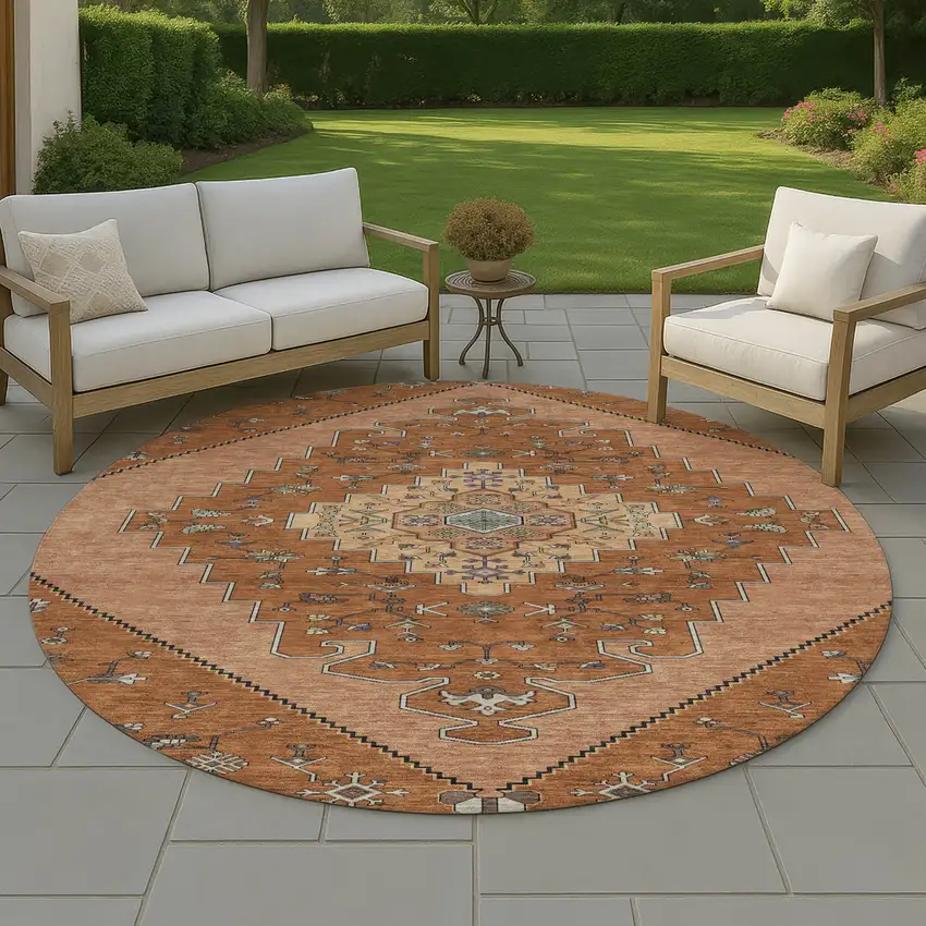 8' Orange And Copper Round Geometric Washable Indoor Outdoor Area Rug Photo 4