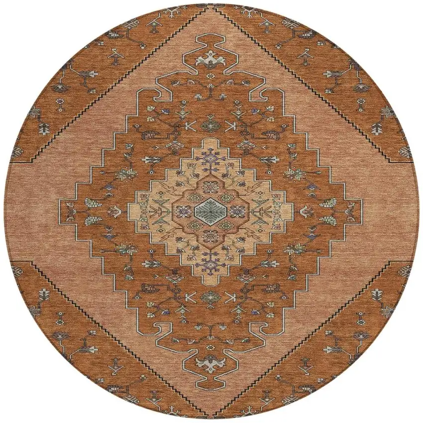 8' Orange And Copper Round Geometric Washable Indoor Outdoor Area Rug Photo 2