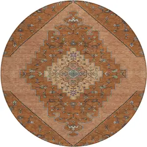 Photo of 8' Orange And Copper Round Geometric Washable Indoor Outdoor Area Rug