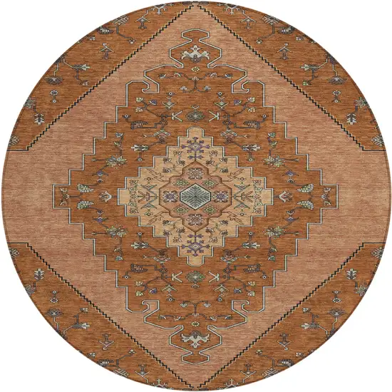 8' Orange And Copper Round Geometric Washable Indoor Outdoor Area Rug Photo 1