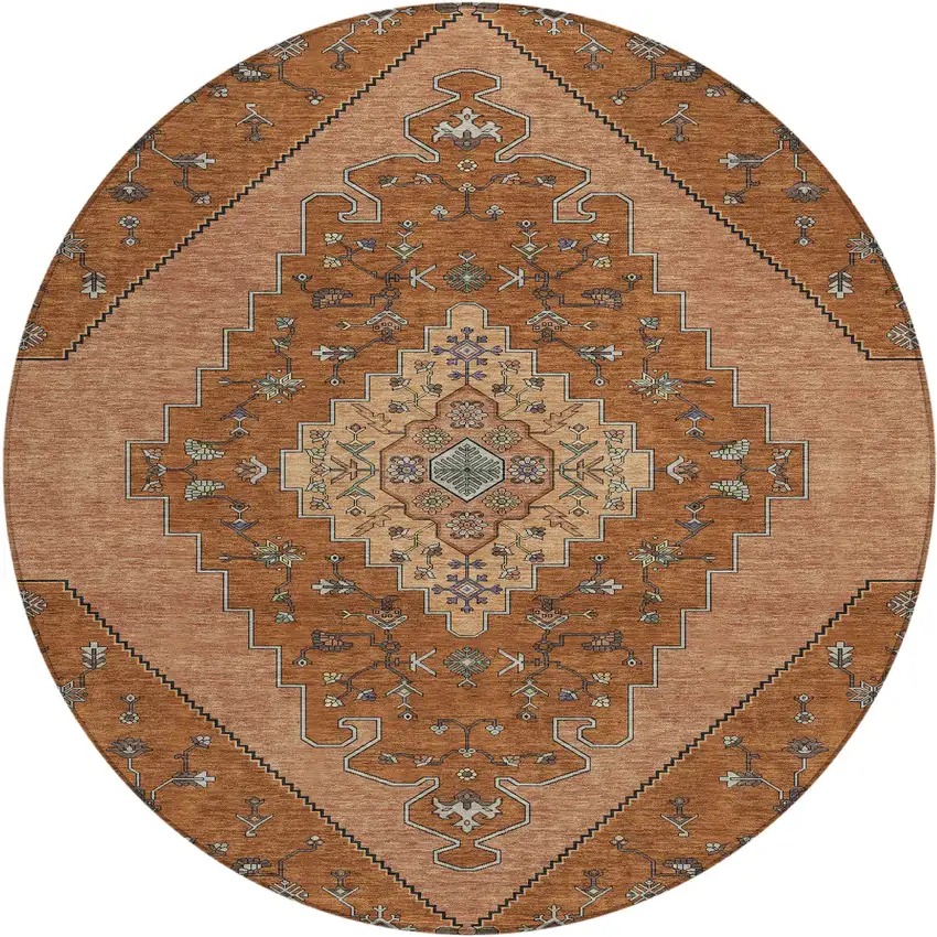 8' Orange And Copper Round Geometric Washable Indoor Outdoor Area Rug Photo 1