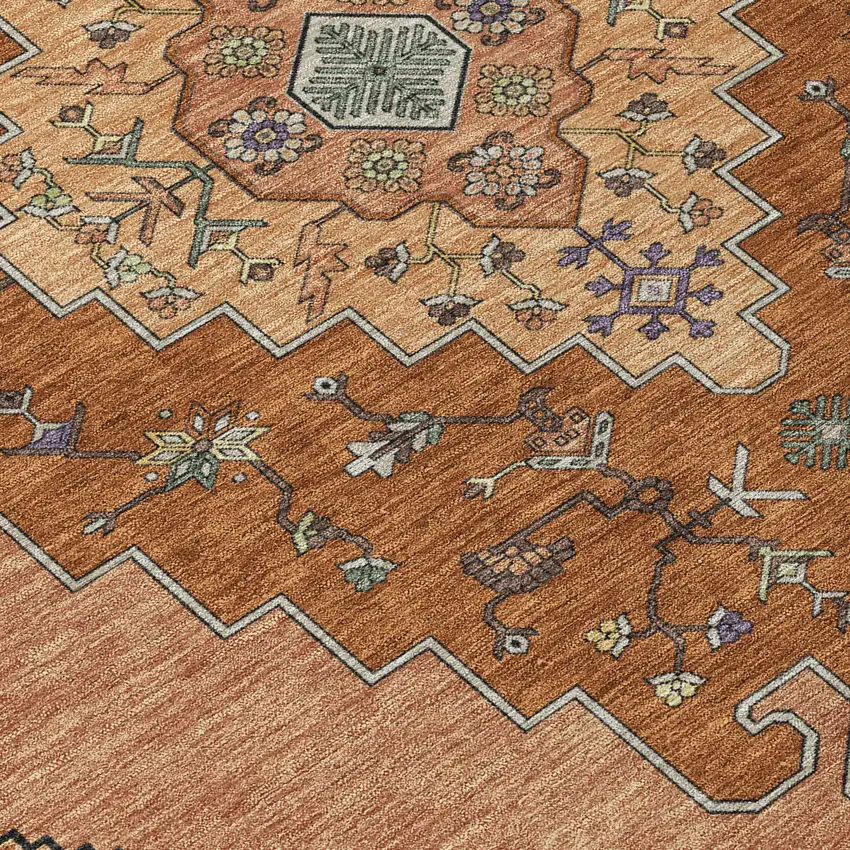 8' Orange And Copper Round Geometric Washable Indoor Outdoor Area Rug Photo 7