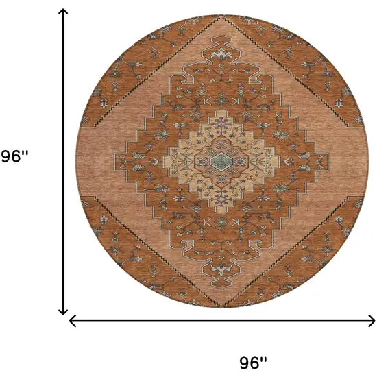 8' Orange And Copper Round Geometric Washable Indoor Outdoor Area Rug Photo 8