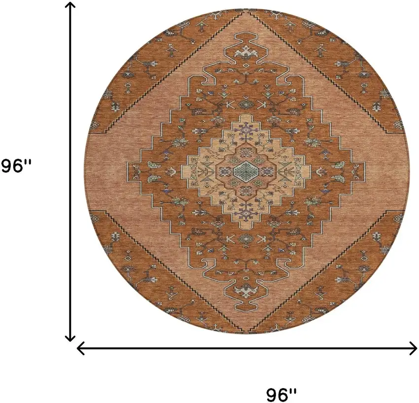 8' Orange And Copper Round Geometric Washable Indoor Outdoor Area Rug Photo 8
