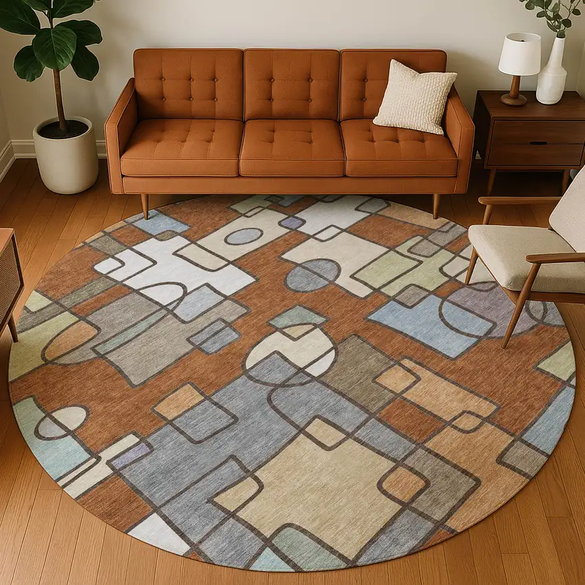8' Orange And Copper Round Geometric Washable Indoor Outdoor Area Rug Photo 5