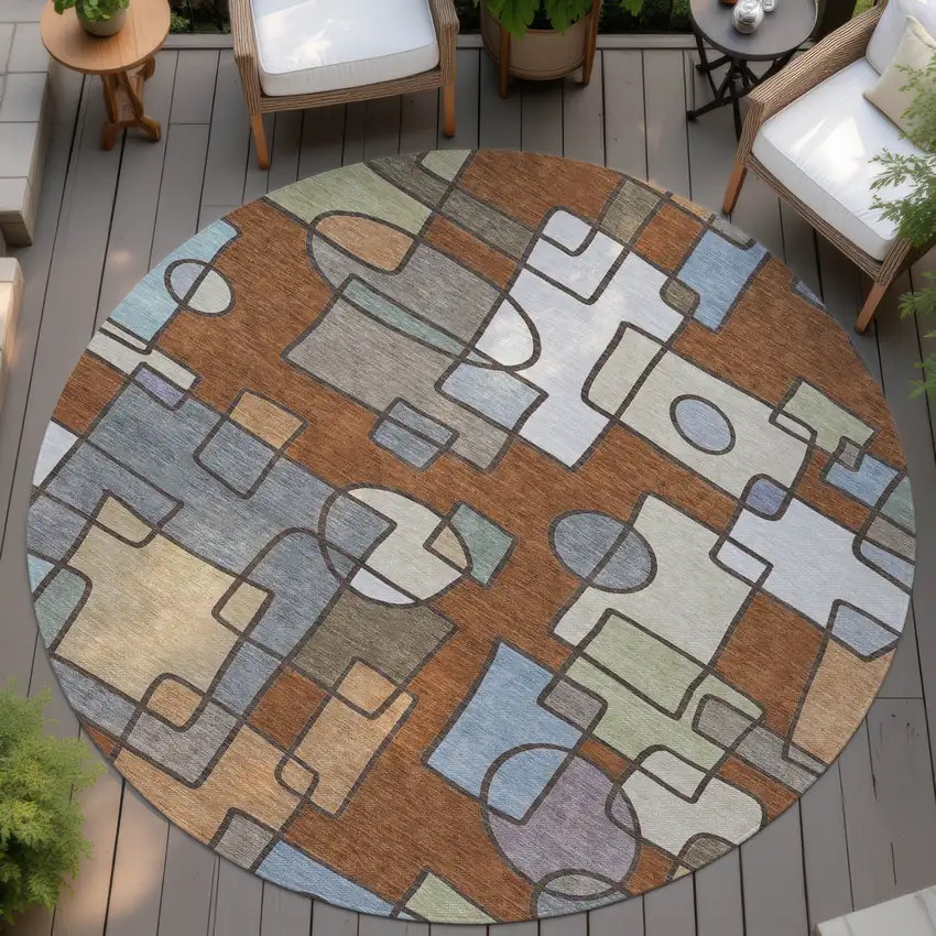 8' Orange And Copper Round Geometric Washable Indoor Outdoor Area Rug Photo 4