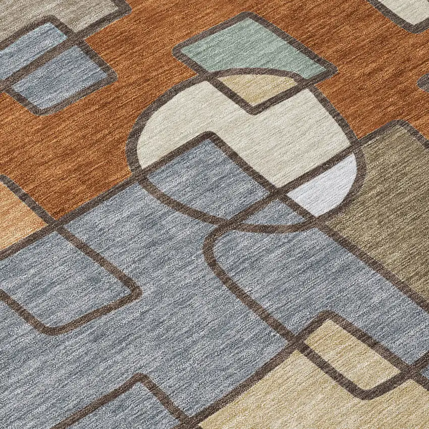 8' Orange And Copper Round Geometric Washable Indoor Outdoor Area Rug Photo 7