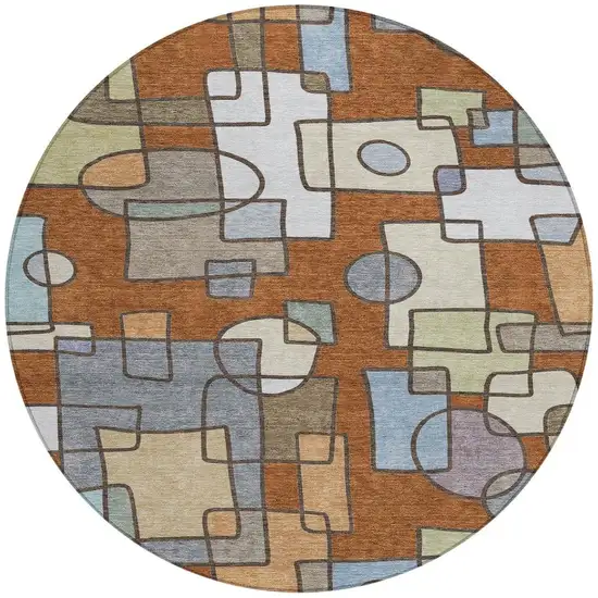 8' Orange And Copper Round Geometric Washable Indoor Outdoor Area Rug Photo 3
