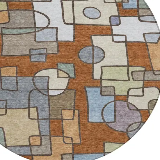 8' Orange And Copper Round Geometric Washable Indoor Outdoor Area Rug Photo 2