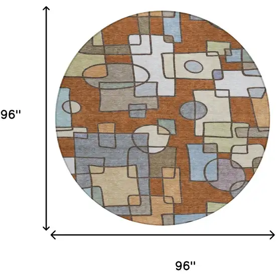 8' Orange And Copper Round Geometric Washable Indoor Outdoor Area Rug Photo 8