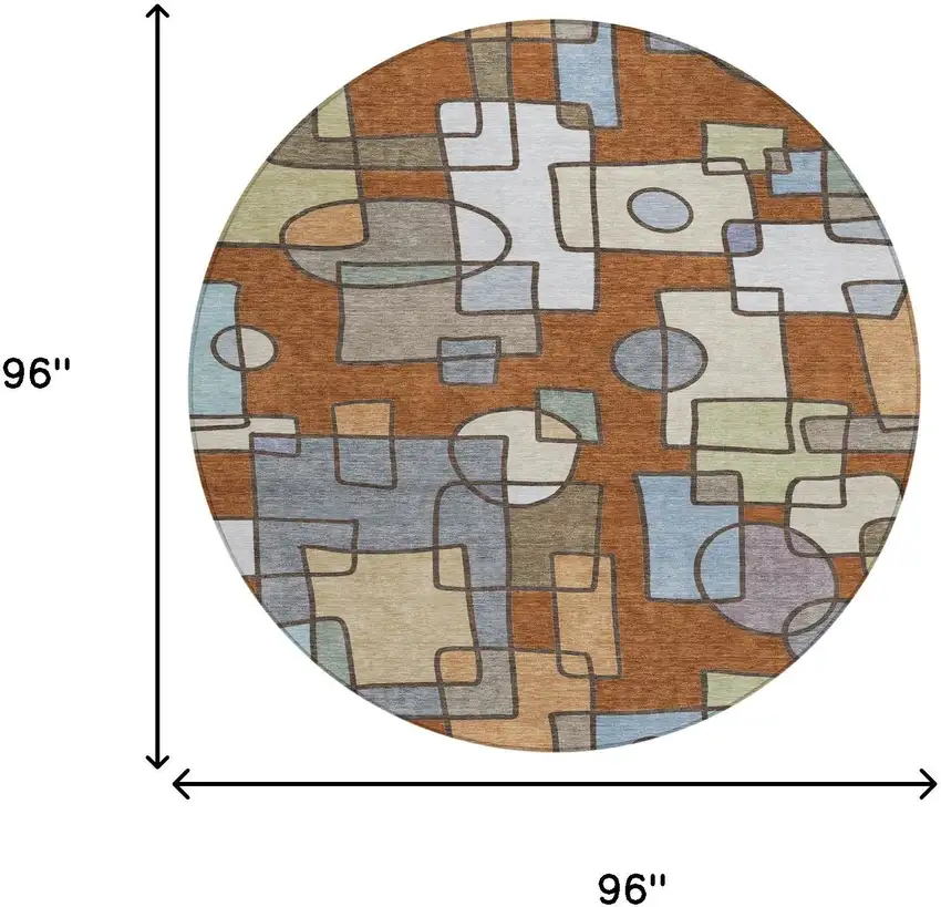 8' Orange And Copper Round Geometric Washable Indoor Outdoor Area Rug Photo 8