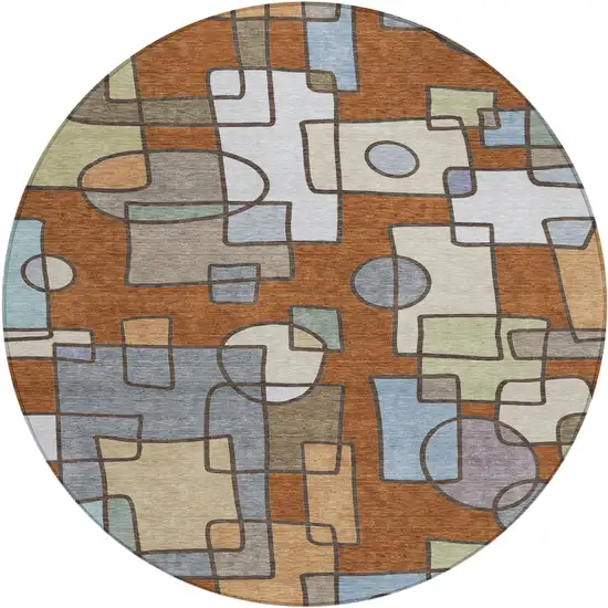 8' Orange And Copper Round Geometric Washable Indoor Outdoor Area Rug Photo 1