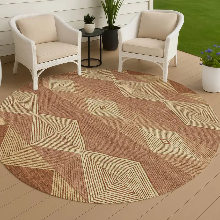 8' Orange And Copper Round Geometric Washable Indoor Outdoor Area Rug Photo 4