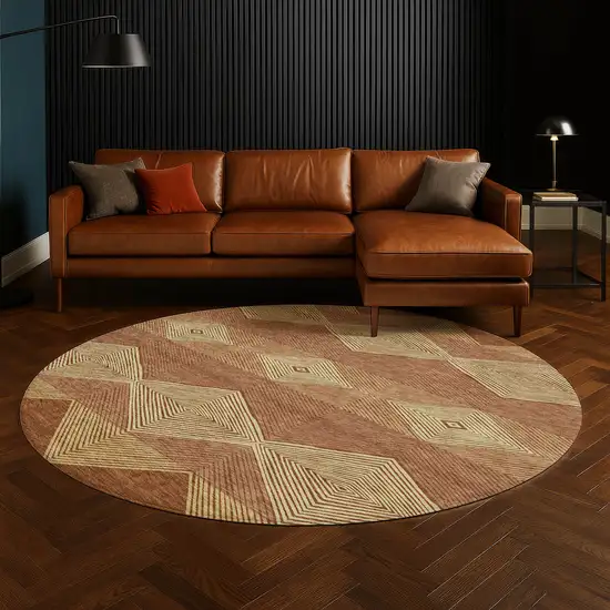 8' Orange And Copper Round Geometric Washable Indoor Outdoor Area Rug Photo 5