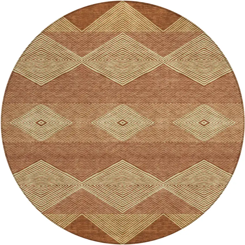 8' Orange And Copper Round Geometric Washable Indoor Outdoor Area Rug Photo 1