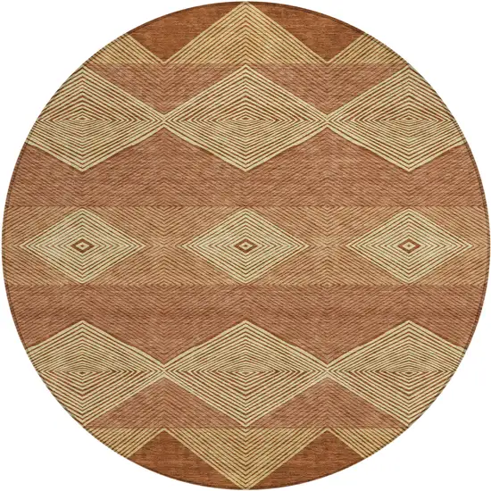 8' Orange And Copper Round Geometric Washable Indoor Outdoor Area Rug Photo 1
