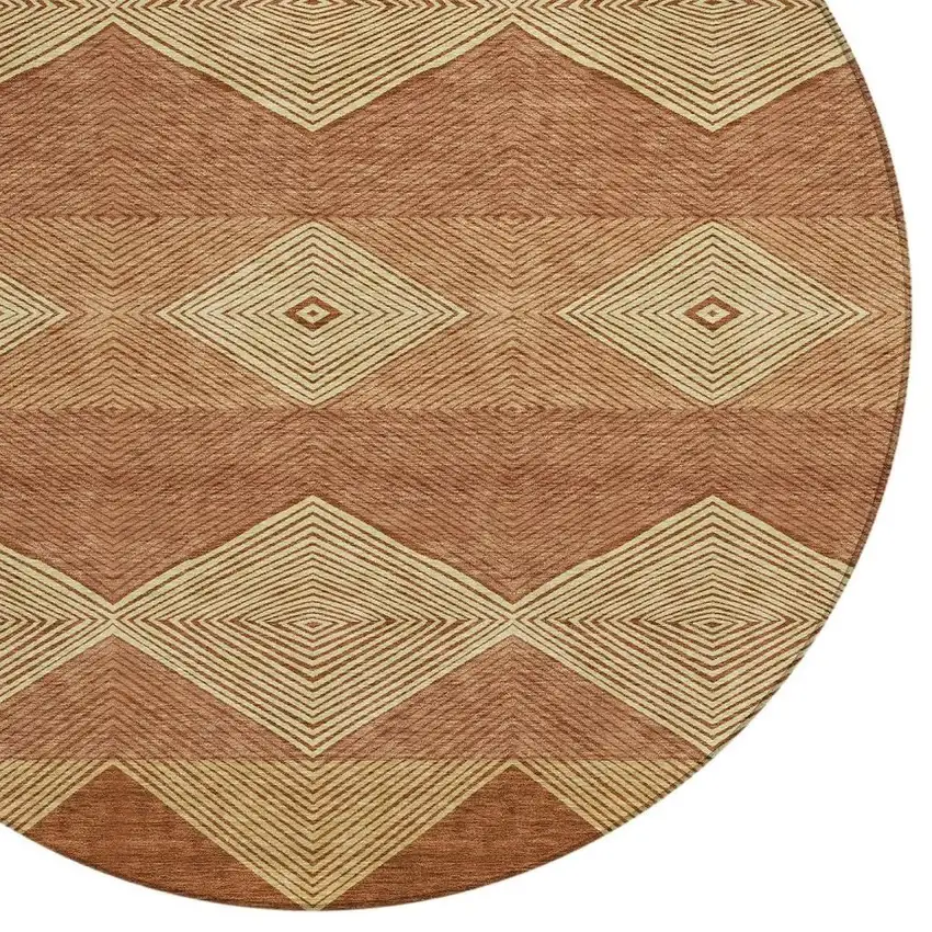 8' Orange And Copper Round Geometric Washable Indoor Outdoor Area Rug Photo 2