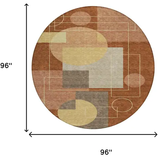 8' Orange And Copper Round Geometric Washable Indoor Outdoor Area Rug Photo 7