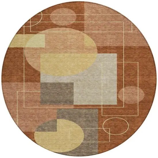 8' Orange And Copper Round Geometric Washable Indoor Outdoor Area Rug Photo 4