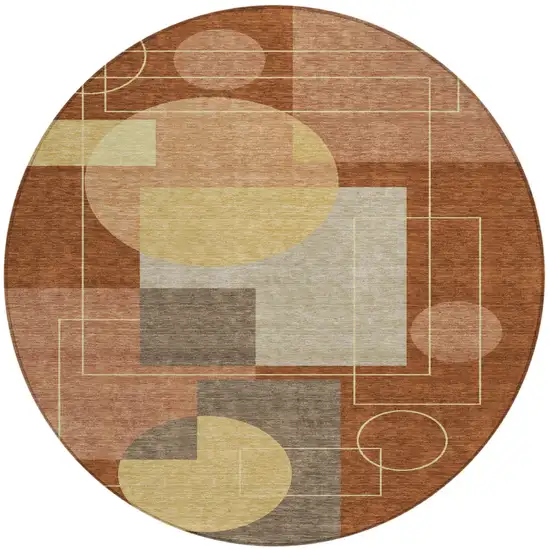 8' Orange And Copper Round Geometric Washable Indoor Outdoor Area Rug Photo 2