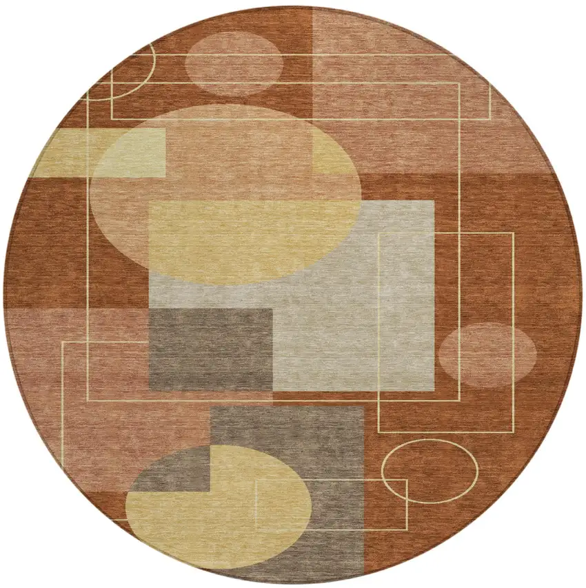 8' Orange And Copper Round Geometric Washable Indoor Outdoor Area Rug Photo 2